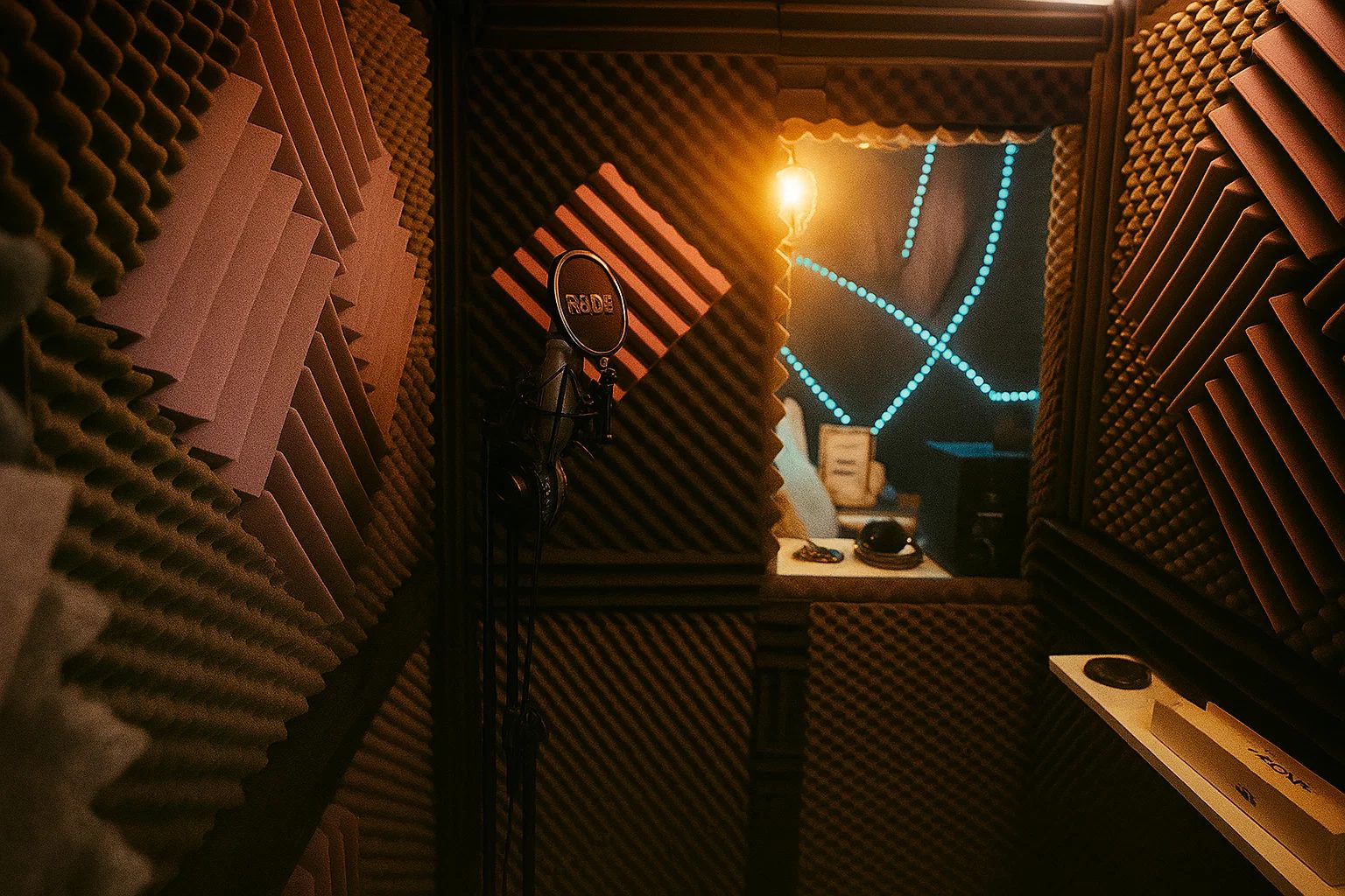 La cabine d'enregistrement, traitée acoustiquement, avec un micro Røde et une fenêtre sur la régie