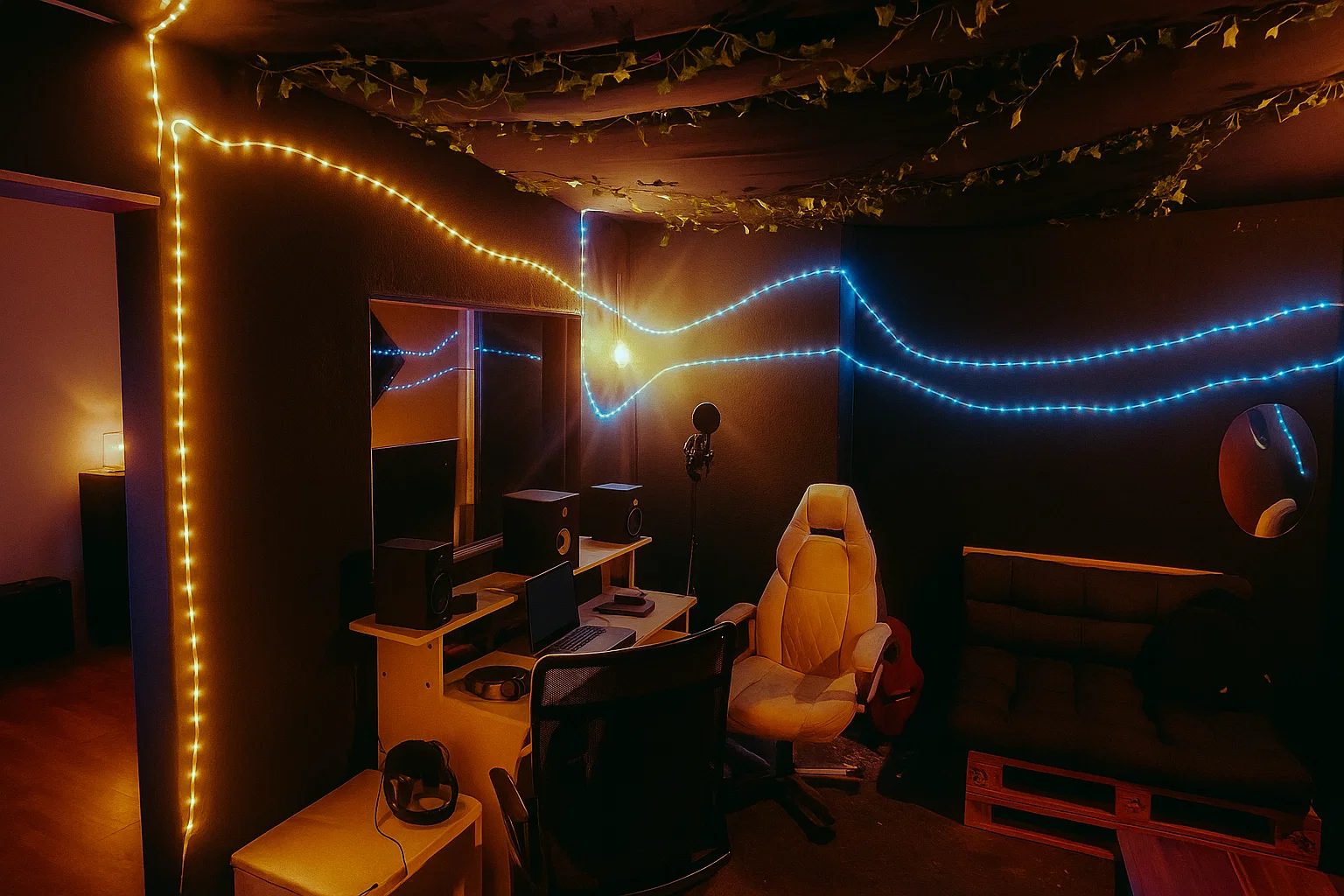 La régie du studio avec bureau de mixage, enceintes de monitoring et coin canapé